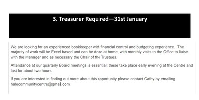Treasurer Required - 31st January